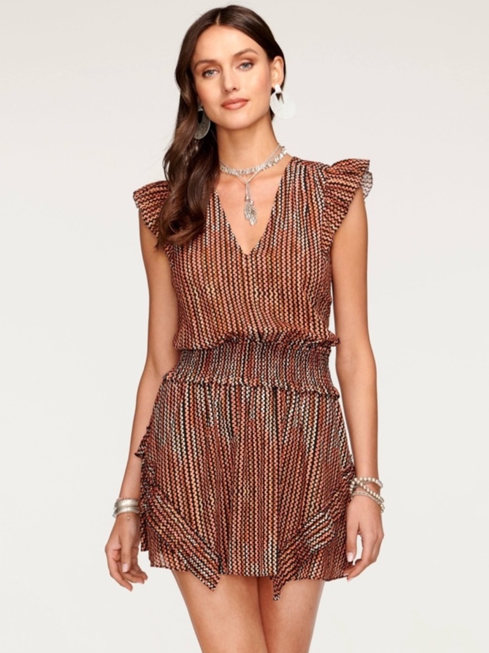 Ramy Brook Striped Jessie Flutter Sleeve V-Neck Mini Dress NWT $395